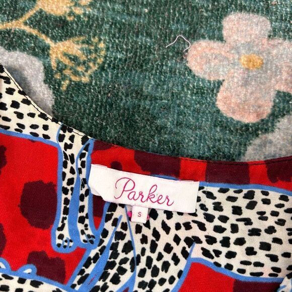 Parker Peplum Top Leopard Silk Small Red White Cheetah Print Ruffle Short Sleeve - Picture 2 of 14